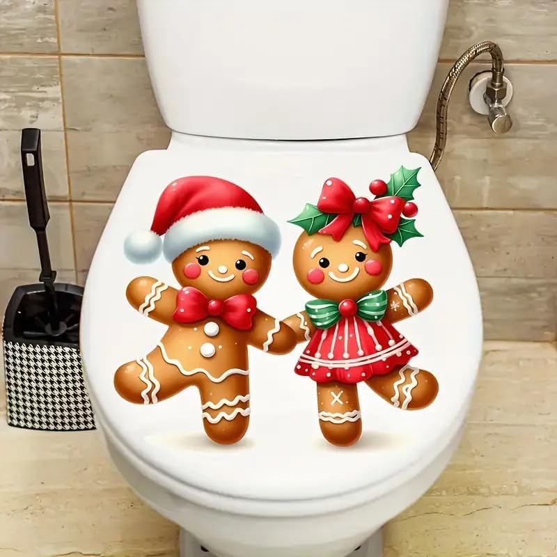DIDOSOFT Festive Christmas Gingerbread Man Toilet Cover Sticker Decals,Fish Bird Flower Leaf Waterproof Toilet Lid Tank Seat Decals Cistern Self-Adhesive Bathroom Wall Sticker - Image 2